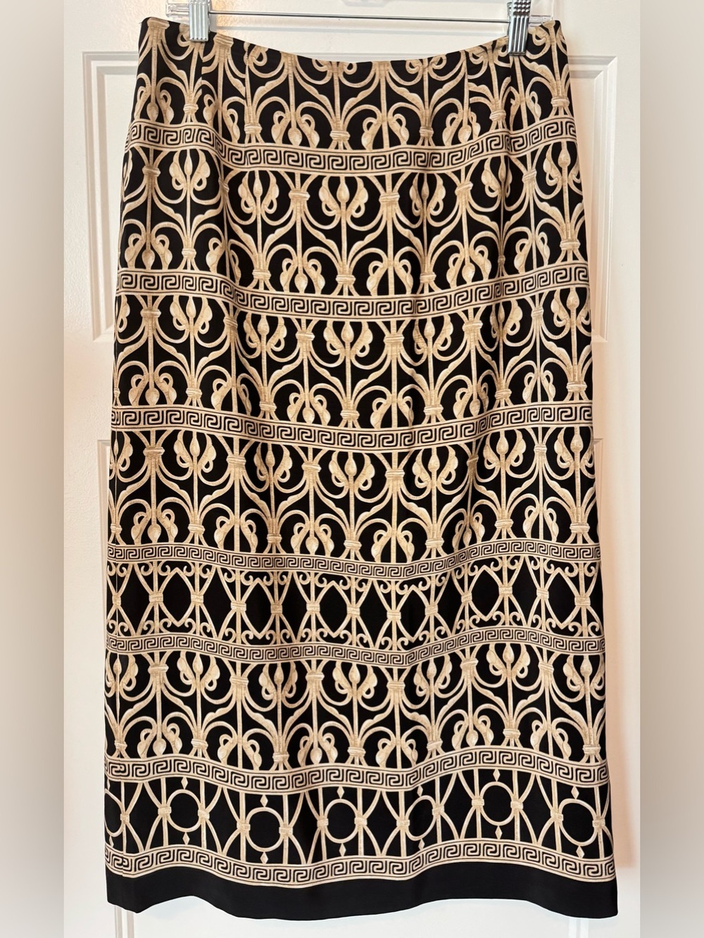 Talbots Petites Black Tan Scroll Print Midi Skirt Size 12P Lined Classic Elegant